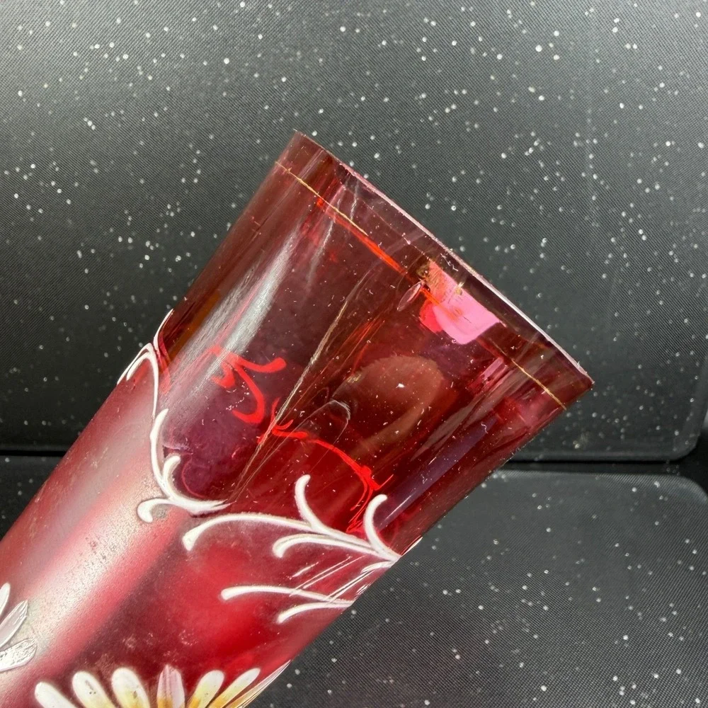 Satin Rubina Bohemian Cranberry Frosted Glass Enameled Daisy Vase 11.5 Inch
